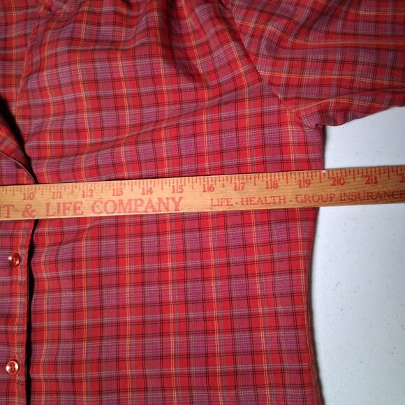 Vintage Dee Cee Blouse Women 10 Rust Blue Plaud Button Collared Modest Retro - Picture 6 of 12